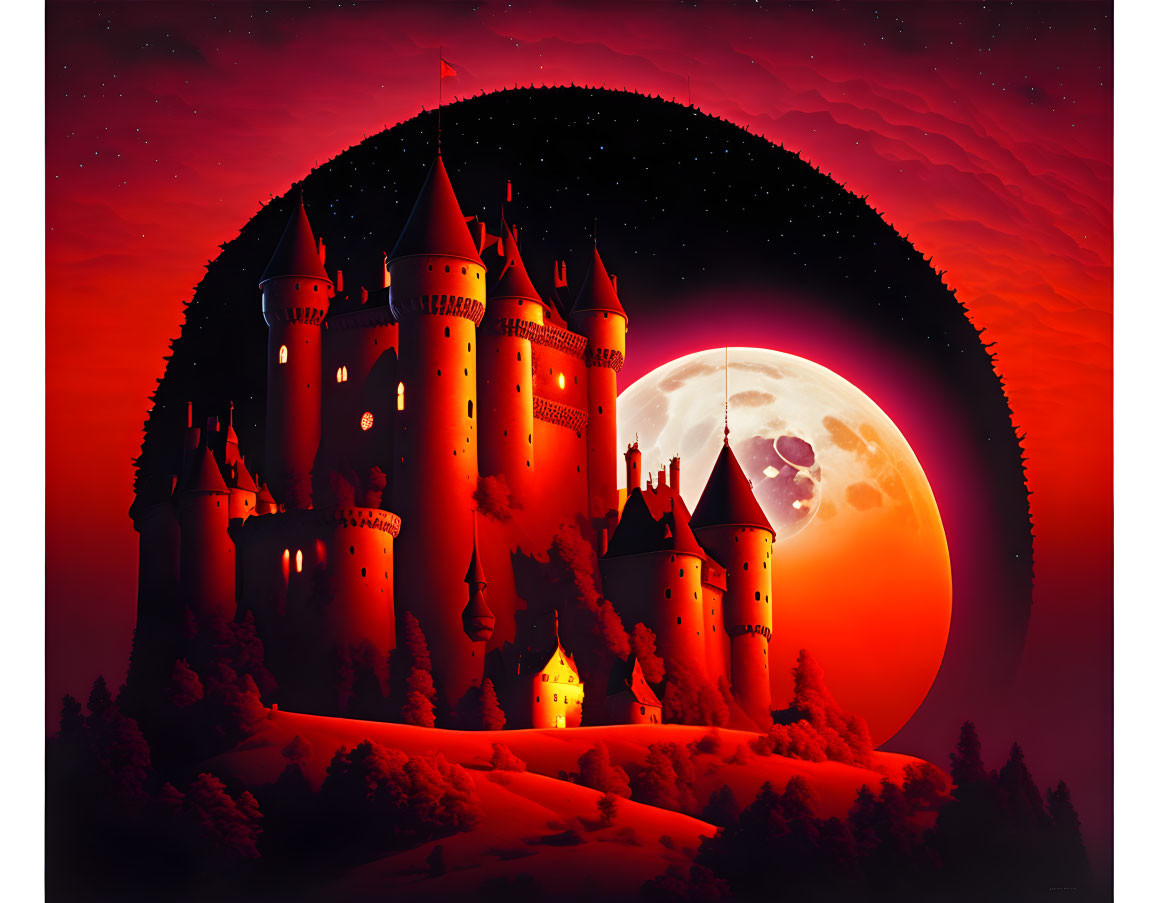 Red castle under starry sky with full moon in forest setting