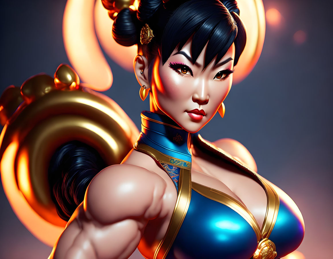 Stylized 3D illustration of powerful female character with black hair and blue/gold outfit