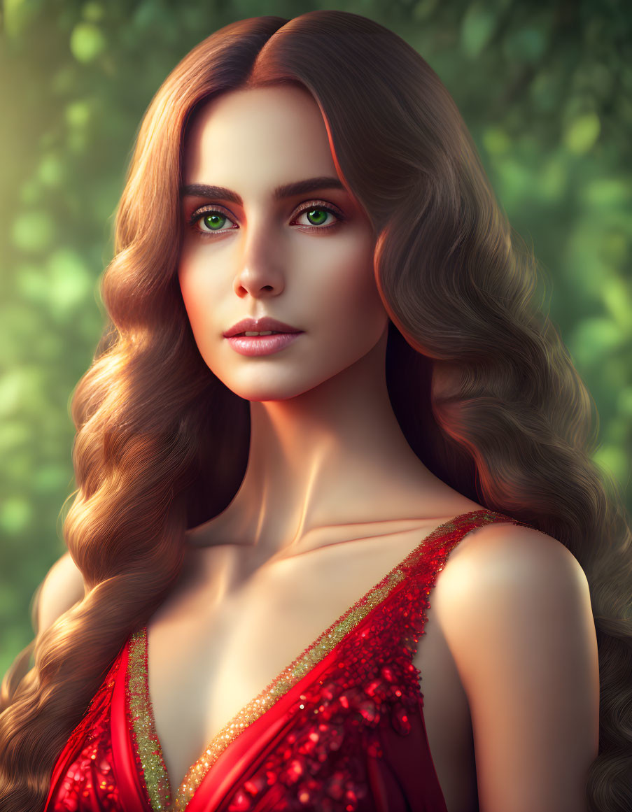 Digital portrait of woman with brown hair and green eyes in red dress on blurred green background