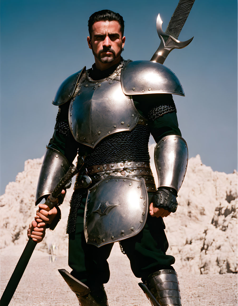 Medieval knight in full armor with halberd against rocky backdrop