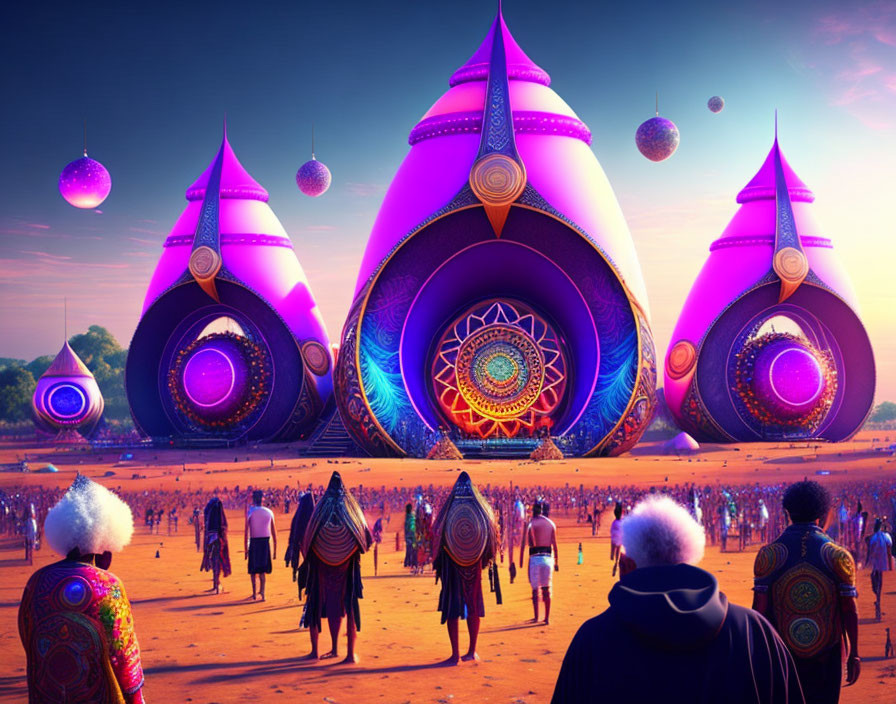 Colorful, intricate onion-shaped structures in fantastical scene under purple sky