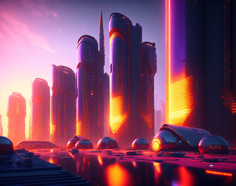 Neon-lit skyscrapers in futuristic cityscape at dusk