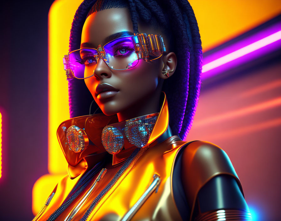 Futuristic woman in 3D illustration with neon-lit background