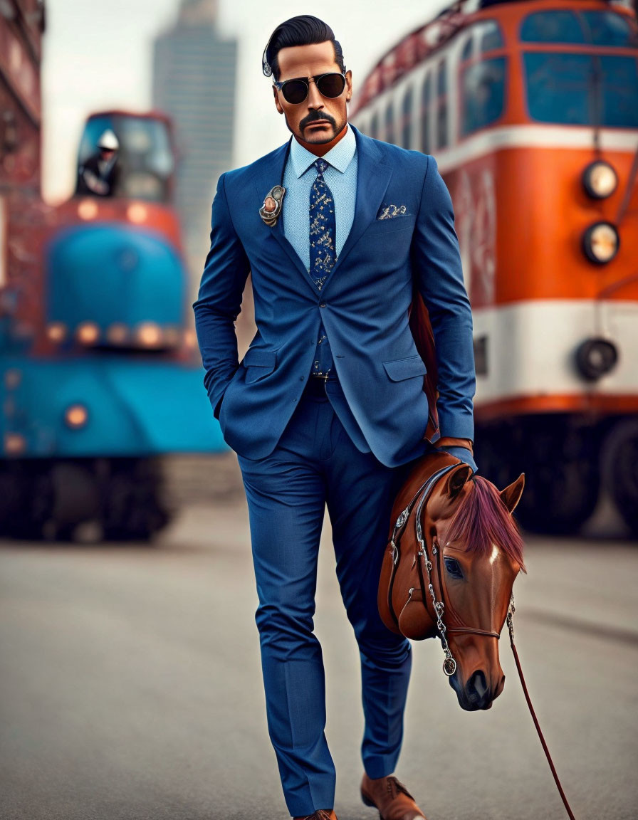 Stylish man in blue suit with sunglasses holding horse reins on city street, vintage red tram in