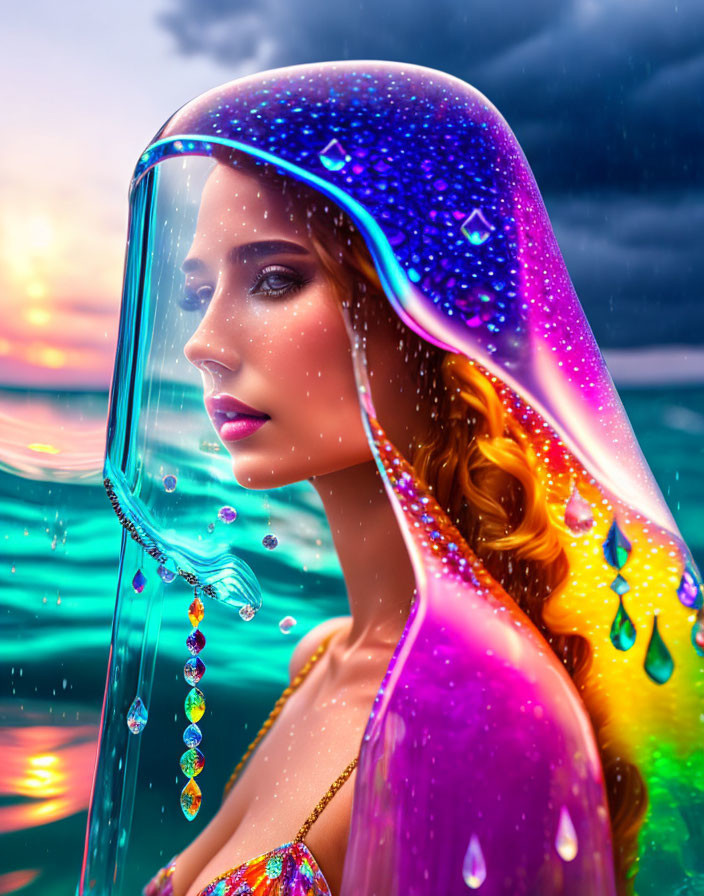 Woman wearing vibrant jeweled visor against stormy sea and sunset sky.