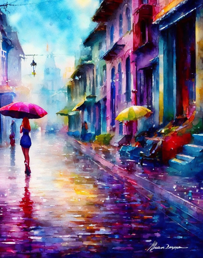 Colorful watercolor painting of person with red umbrella in rainy street.