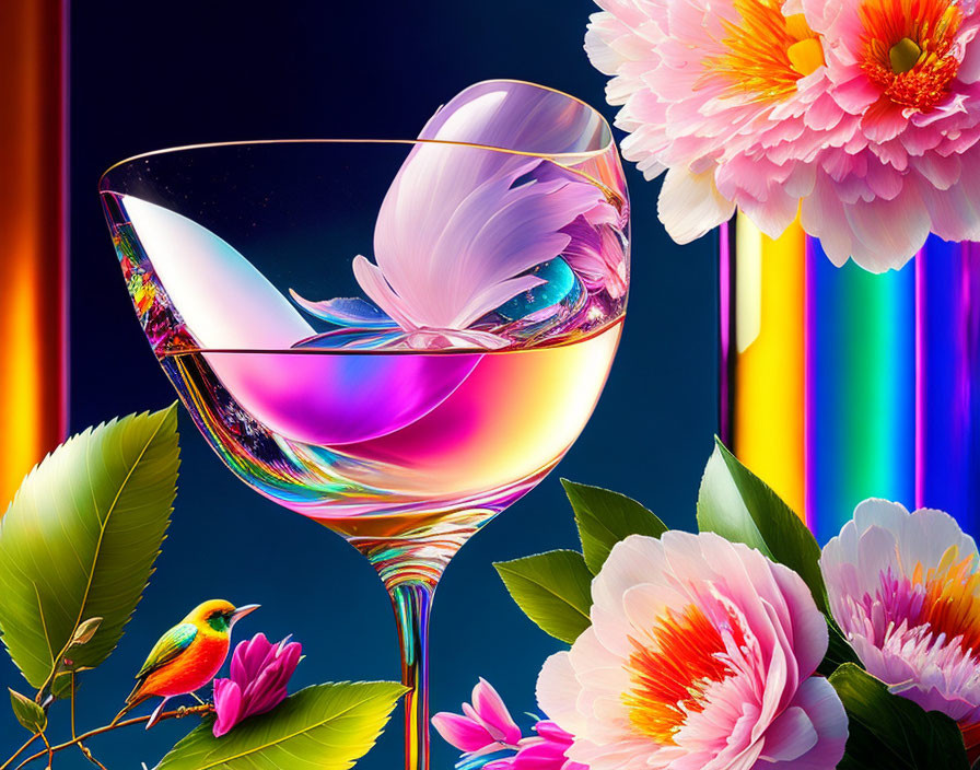 Colorful glass with swirling liquid, bird, leaves, flowers on rainbow background