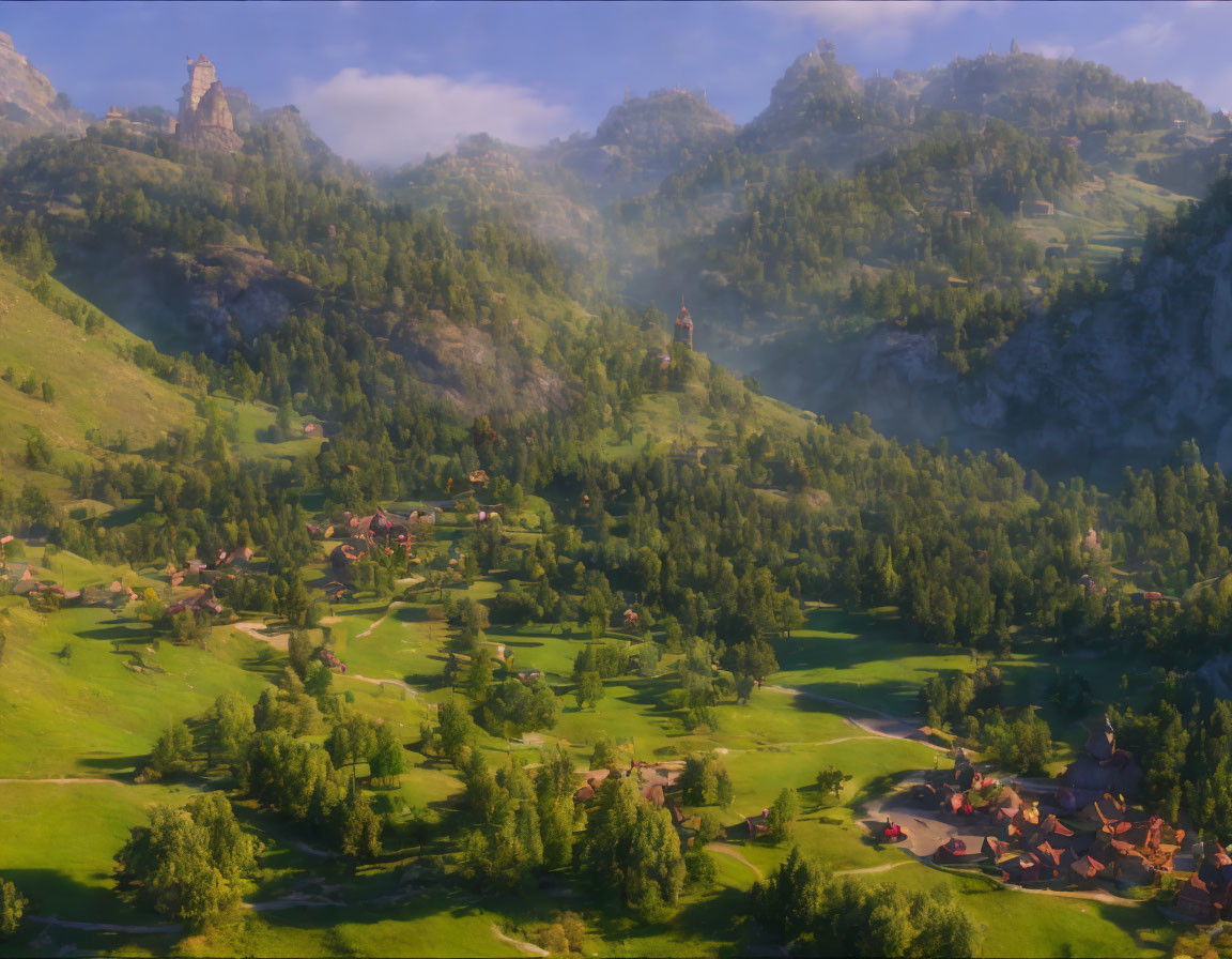 Picturesque Valley with Greenery, Cottages, and Castles in Golden Morning Light