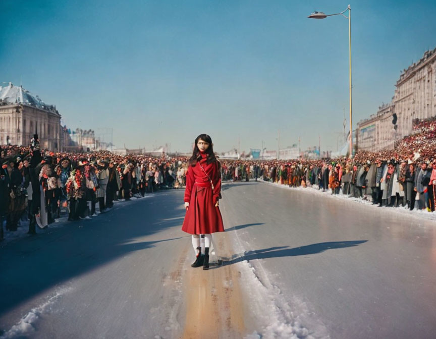 Woman in Red Coat Surrounded by Crowds on Road