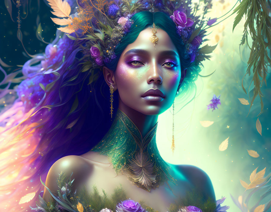 Green-skinned woman with floral crown in mystical setting