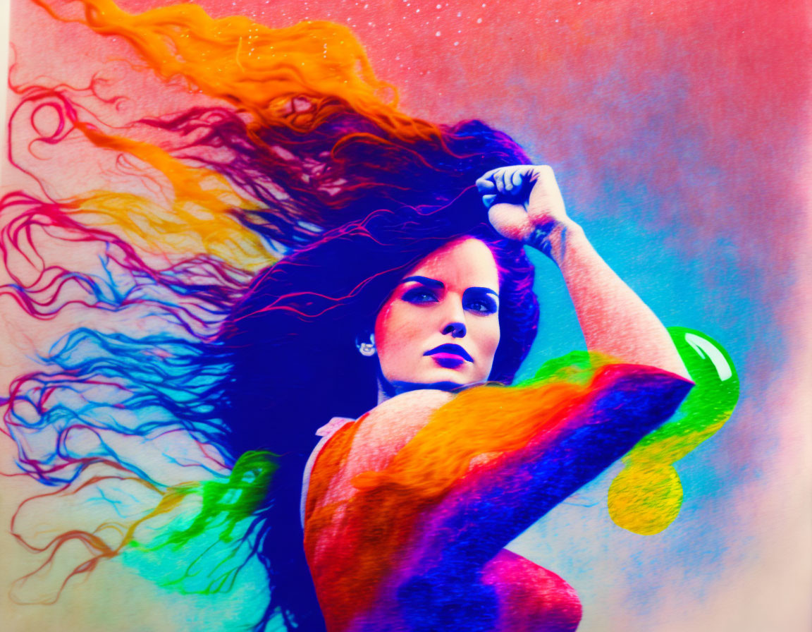 Colorful illustration of woman with flowing hair on vibrant, rainbow background