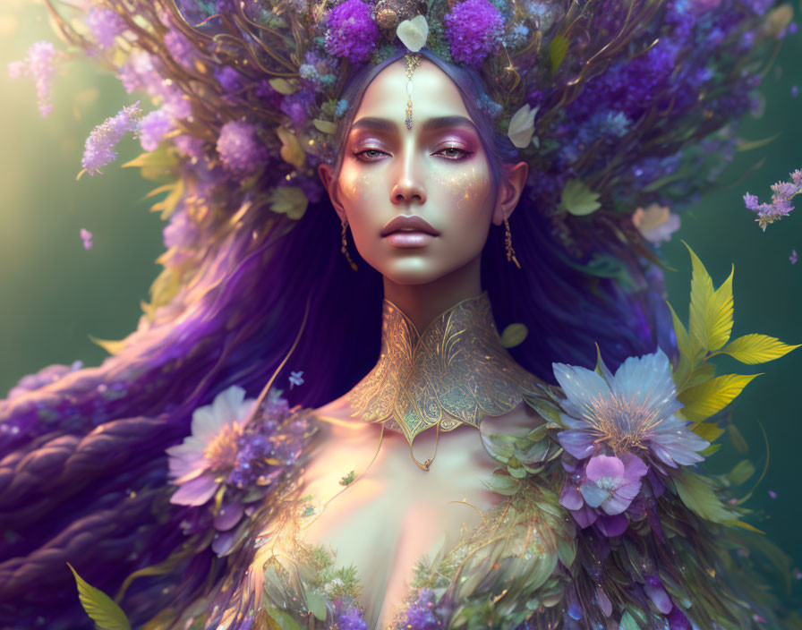 Mystical figure with purple floral hair and golden jewelry on green background