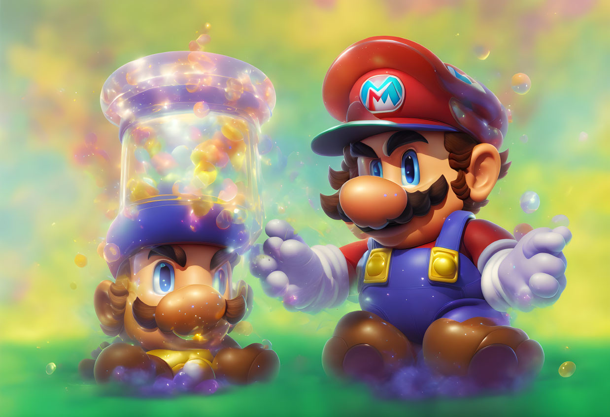 Detailed Illustration: Mario with Trapped Character in Glass Jar