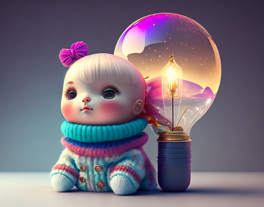 Stylized illustration of baby doll with iridescent bubble head on gradient background