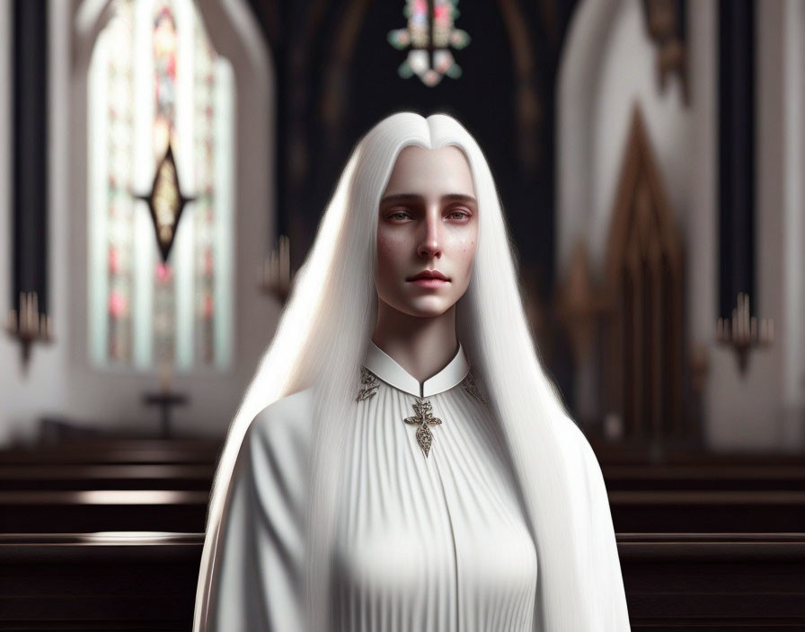 White-haired person in white attire with cross necklace in church