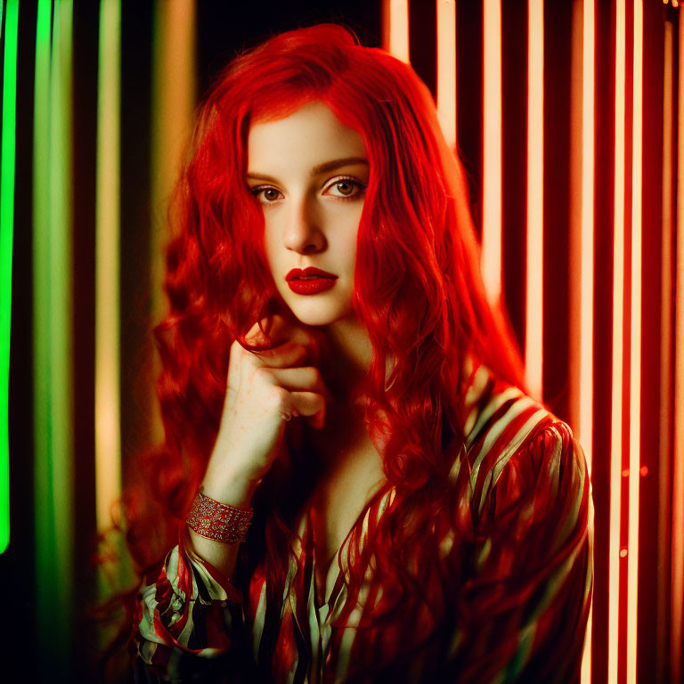 Vibrant red-haired woman in neon-lit setting poses thoughtfully