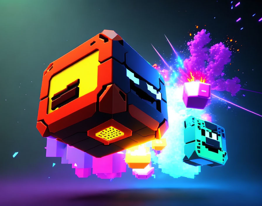 Colorful 3D Retro-Style Cubes with Glowing Edges and Neon Background