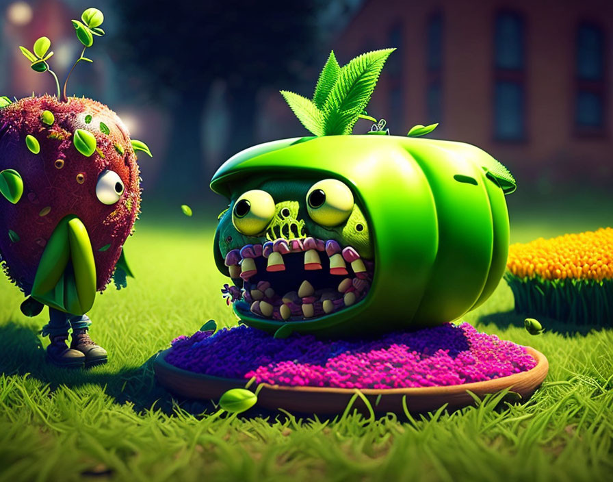 Vivid Animation: Scared Strawberry and Grinning Green Apple Characters on Purple Flowerbed