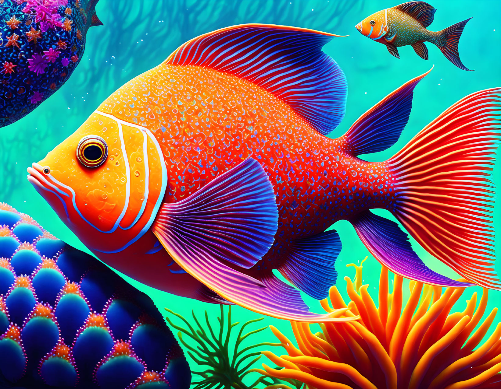 Colorful digital artwork: Large orange fish in vibrant underwater scene