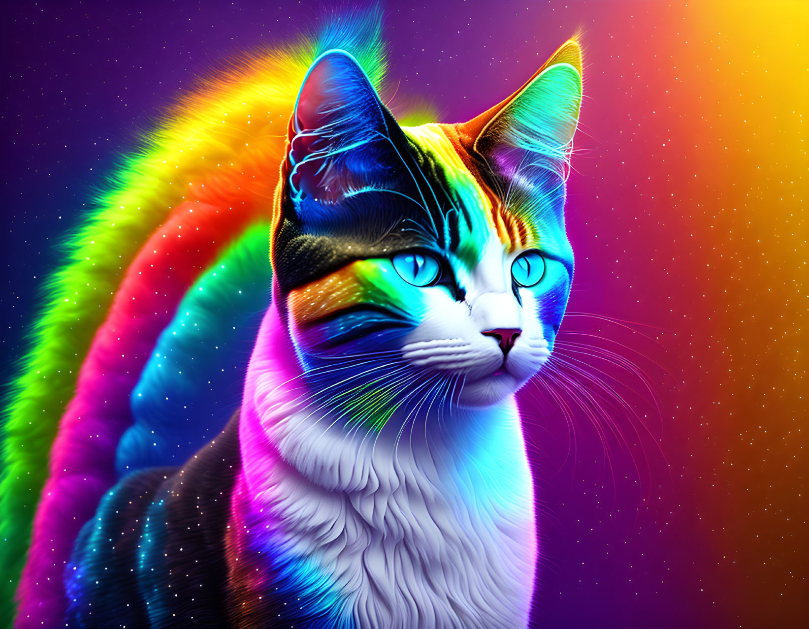 Colorful Rainbow Cat Artwork on Vibrant Background