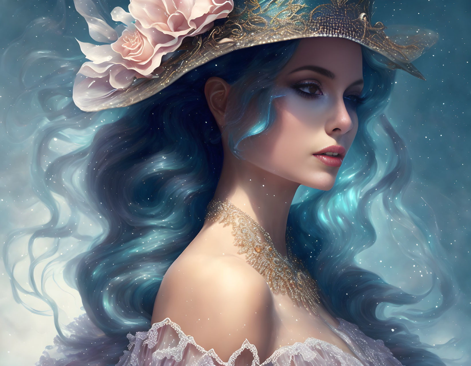 Digital artwork: Woman with blue hair, floral hat, lace collar on starry backdrop