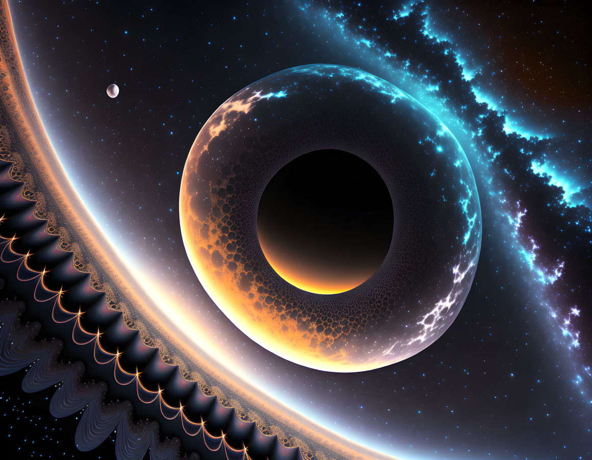 Surreal cosmic scene with black hole, accretion disk, fractal patterns, planet,