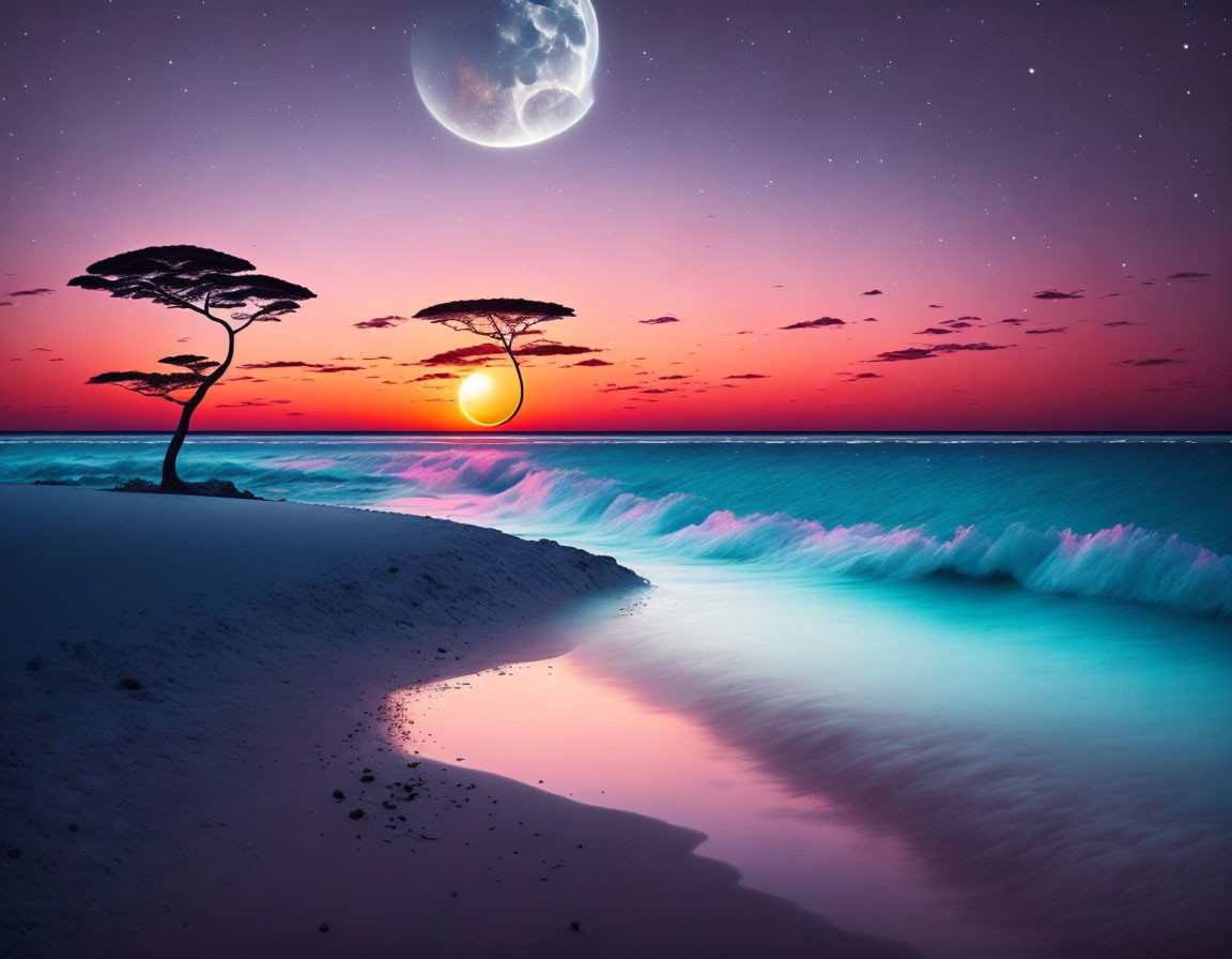 Twilight tropical beach scene with moon, silhouette trees, pink and purple sky