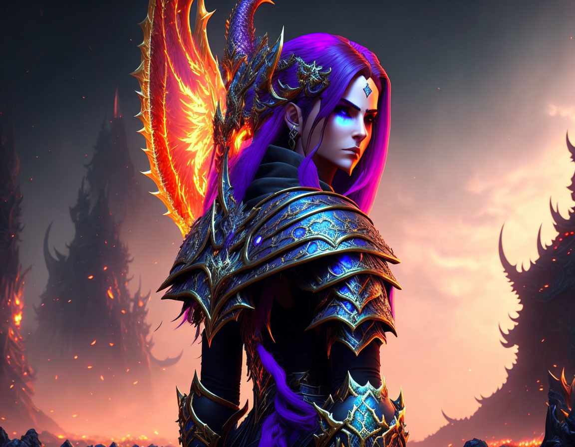 Fantasy digital artwork of female character with purple skin and fiery wings