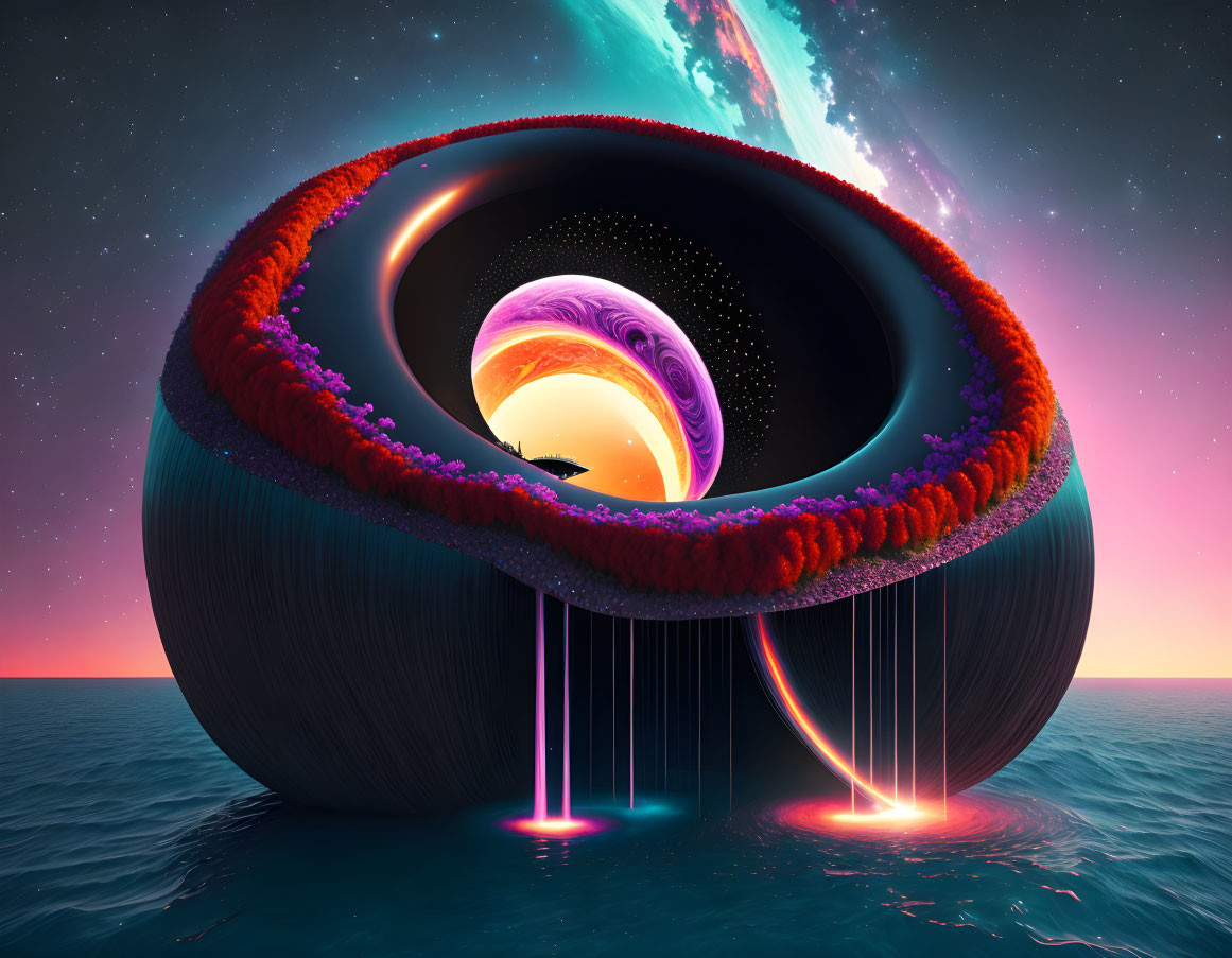 Colorful Surreal Digital Artwork: Spherical Structure, Neon Highlights, Cosmic Landscape, Planets