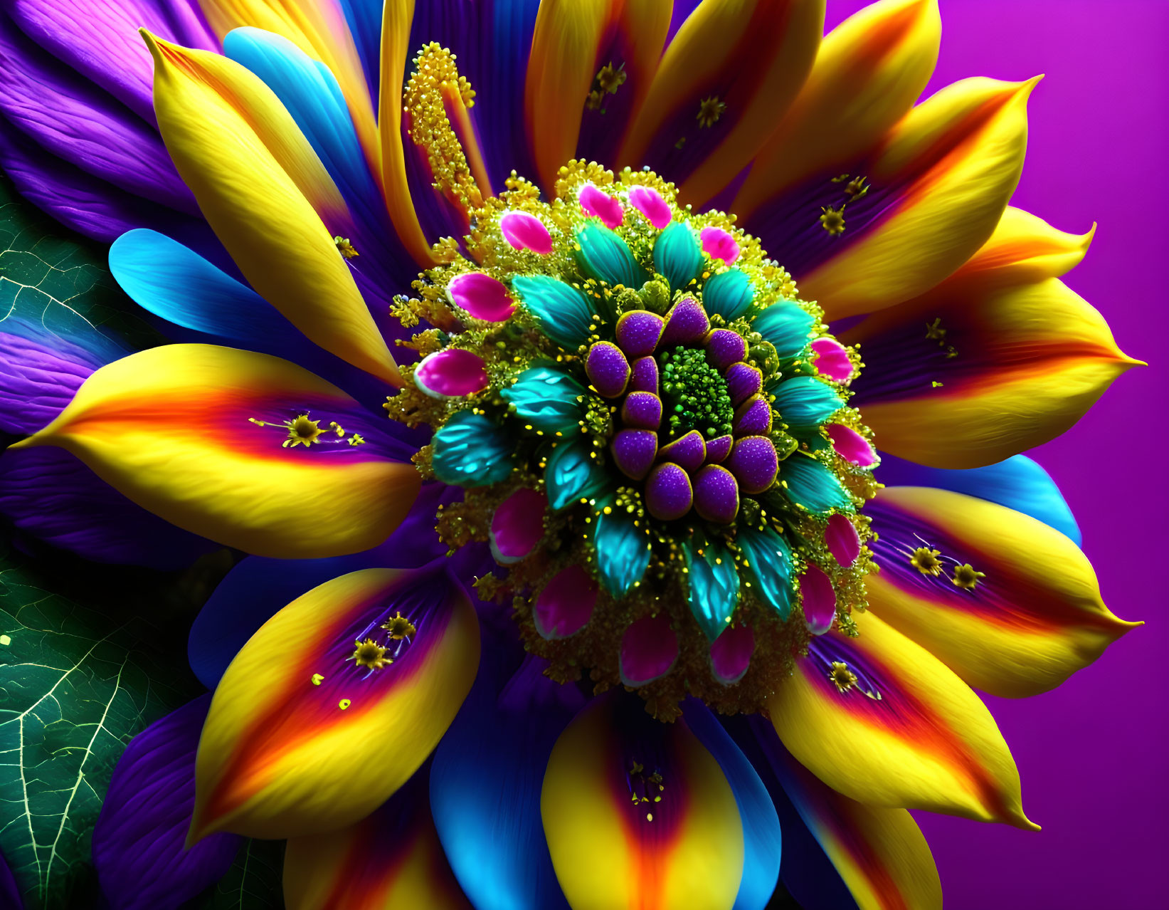 Colorful stylized flower digital art with blue, yellow, purple petals