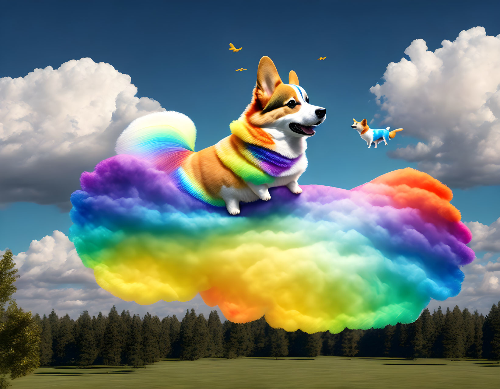 Colorful Corgi in Sweater on Rainbow Cloud with Scenic Background