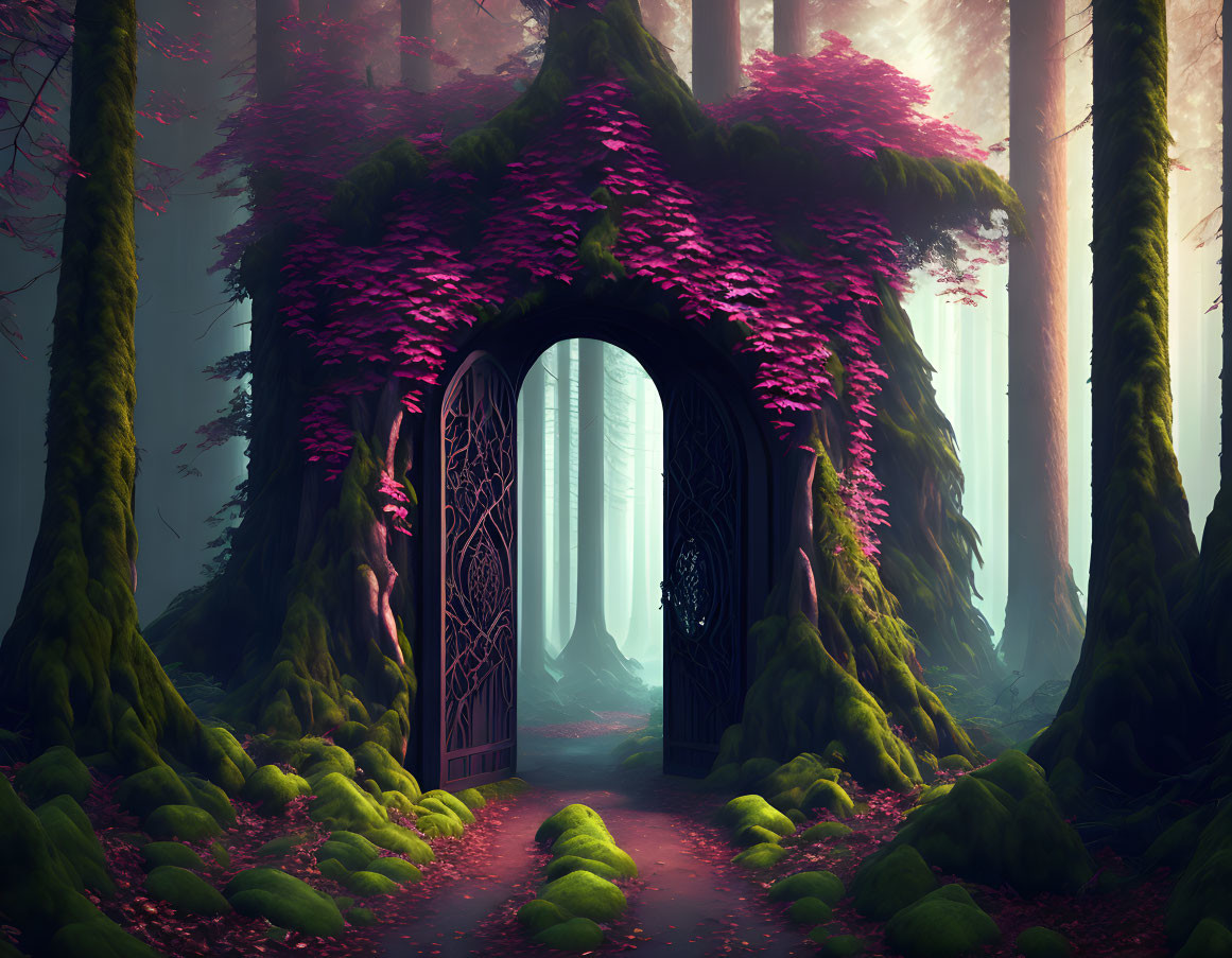 Mystical forest scene with pink foliage-covered gate surrounded by mossy trees