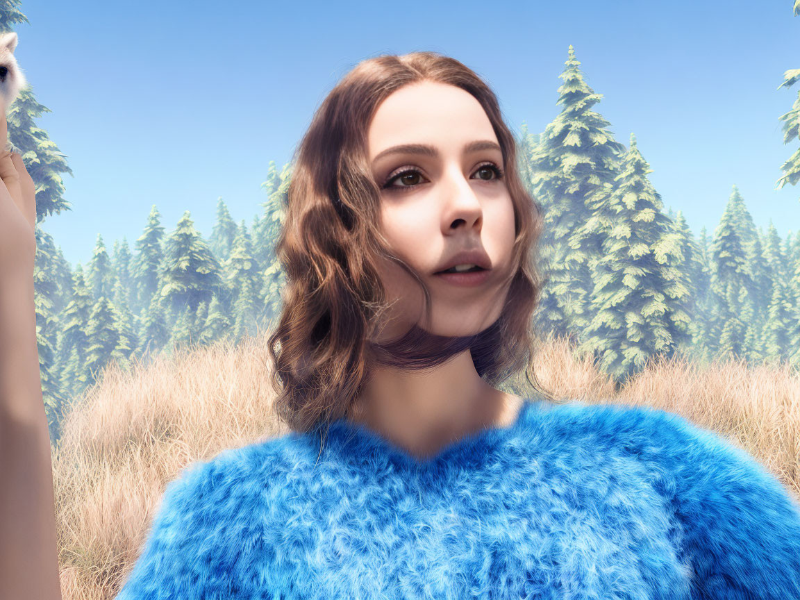 Digital artwork: Woman with brown hair in blue fur garment, forest backdrop