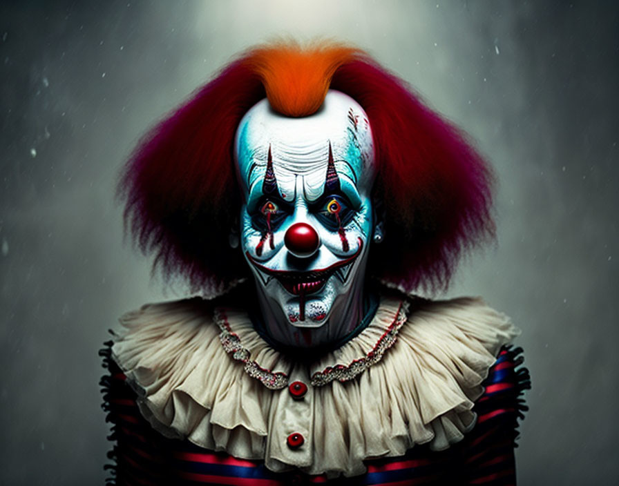 Menacing clown with red and orange hair against gloomy background