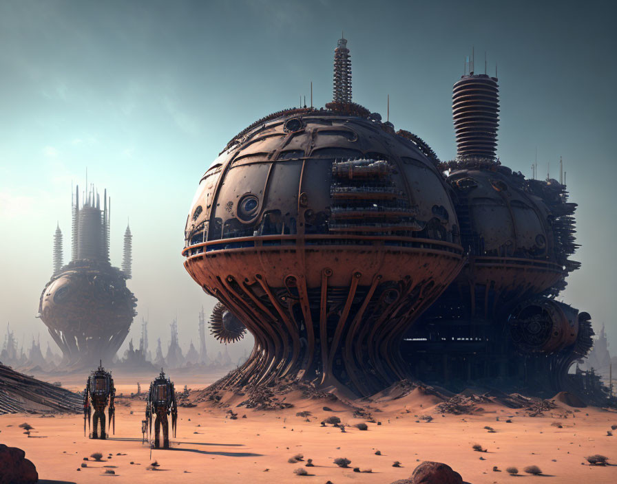 Intricate futuristic spherical structures in barren desert landscape