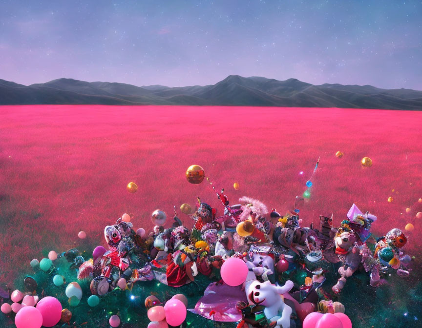 Vibrant surreal scene with whimsical creatures on pink field