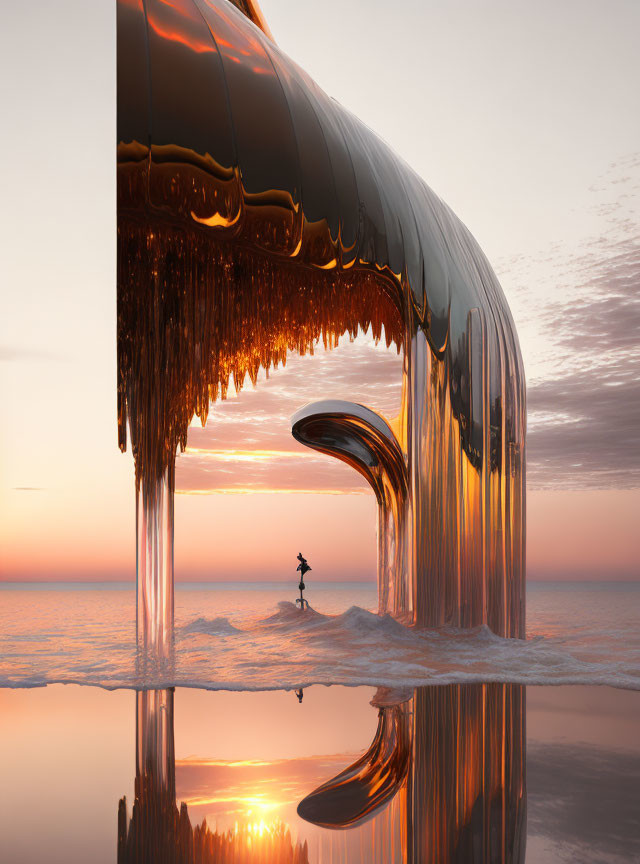 Person surfing under wave-shaped structure with icicles in surreal sunset scene