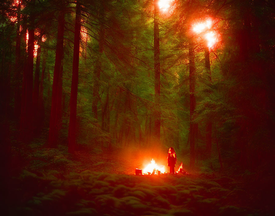 Person by campfire in dense redwood forest with sun rays piercing through tall trees