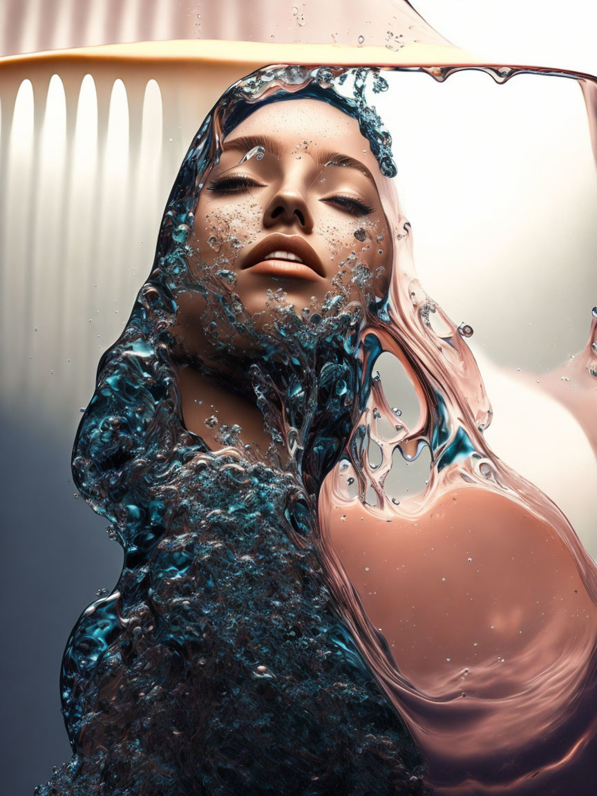 Woman's Face Partially Submerged with Comb Overhead in Blue Water