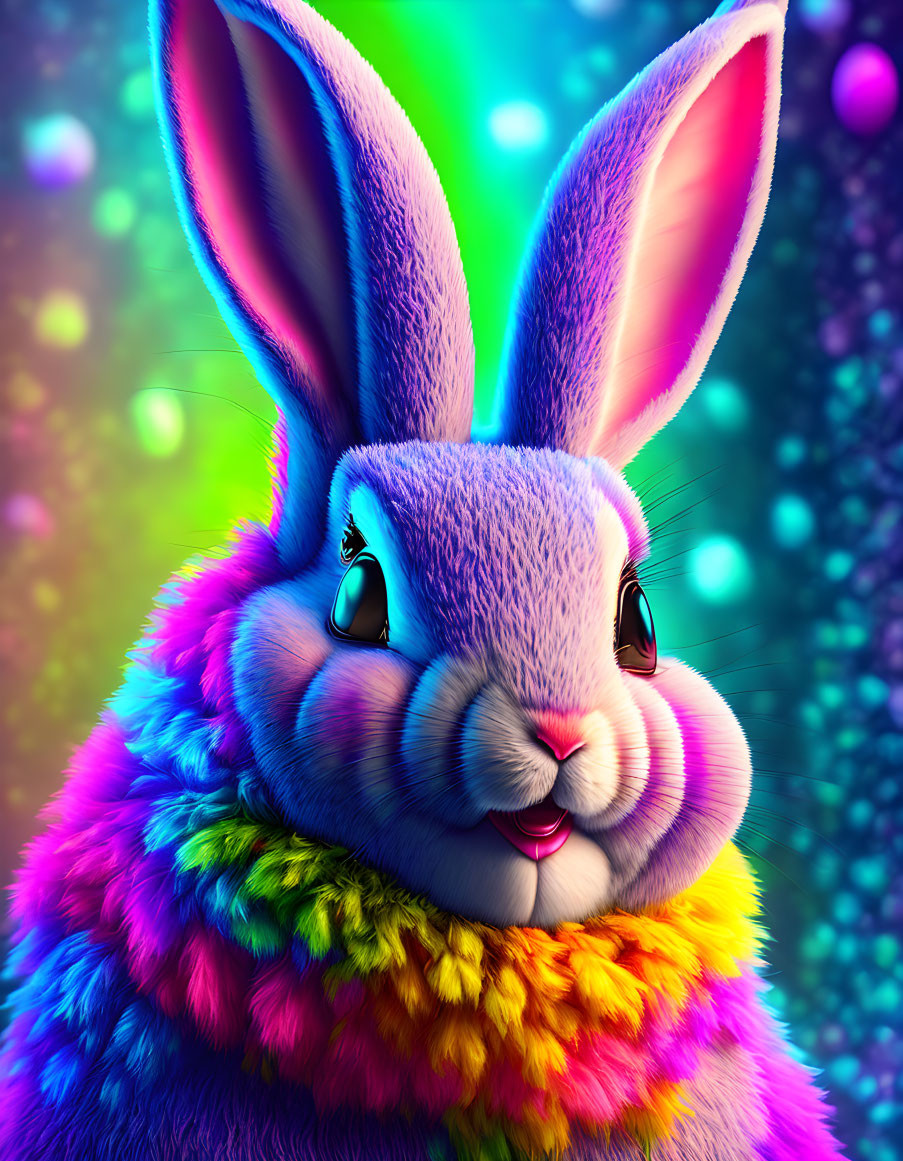 Whimsical purple rabbit with soulful eyes on psychedelic background