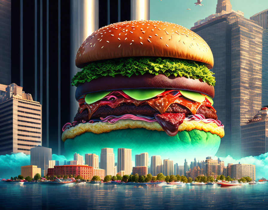 Giant hamburger floating in front of city skyline on water