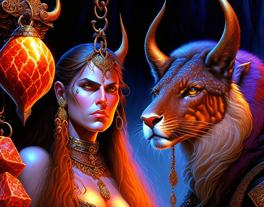 Fantasy Artwork: Fierce Woman and Majestic Bull with Ornate Details