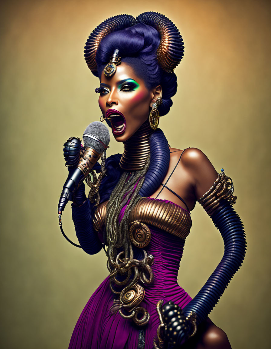 Elaborate updo and purple outfit singer with bold makeup and statement jewelry