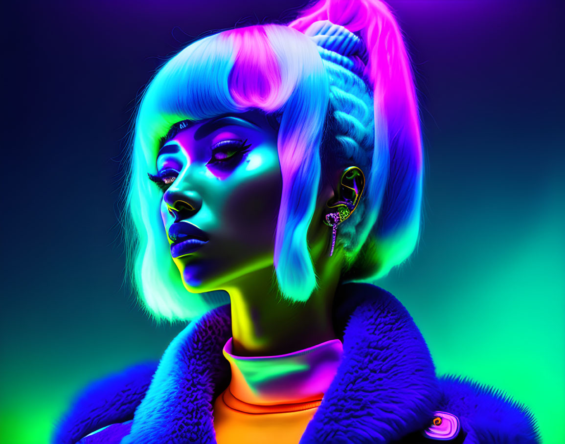 Vibrant portrait of woman under neon lights with purple and green hues