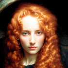 Surreal portrait of a woman with orange curly hair and blue dress