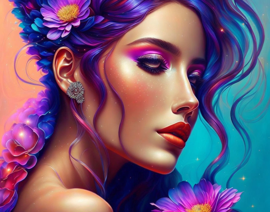 Colorful digital portrait of a woman with blue hair and purple flowers, showcasing vibrant makeup and sparkling skin