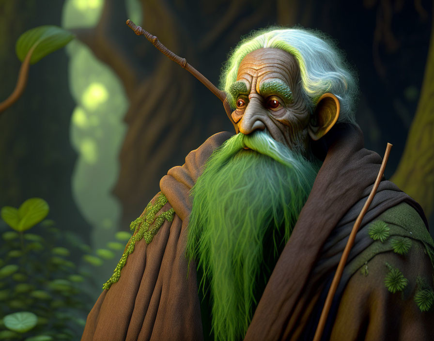 Elderly wizard with long green beard in forest with mystical glow