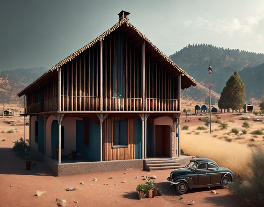 Two-story house with balcony in dry landscape, vintage car parked, sparse vegetation and rocks, clear sky