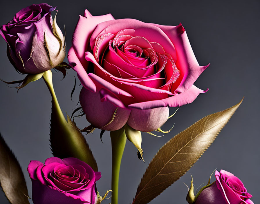 Detailed Close-up of Vibrant Pink Roses with Dewdrops on Grey Background