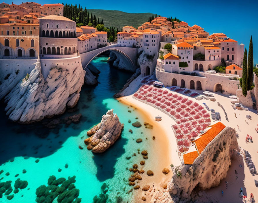 Historic stone buildings and bridge in coastal town with blue waters and beach.